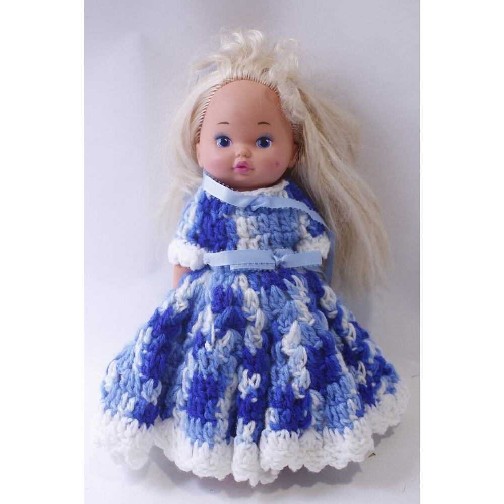 Little Miss Makeup Cute Doll in Blue-White Knitted Dress, Long Blonde Hair,
